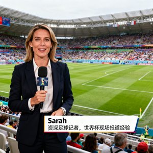 Sarah,资深足球记者,世界杯现场报道经验